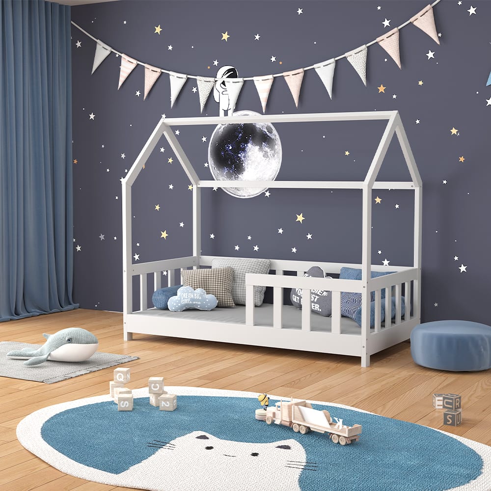 Lit cabane avec protection anti-chute, Blanc 146 x 125cm