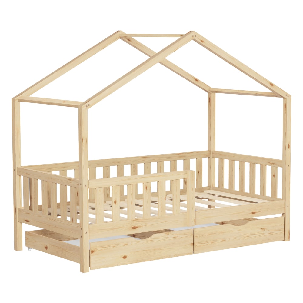 ML-Design Hausbett 80x160 cm Natur Kiefernholz mit 2 Schubladen, Rausfallschutz Beige Baby