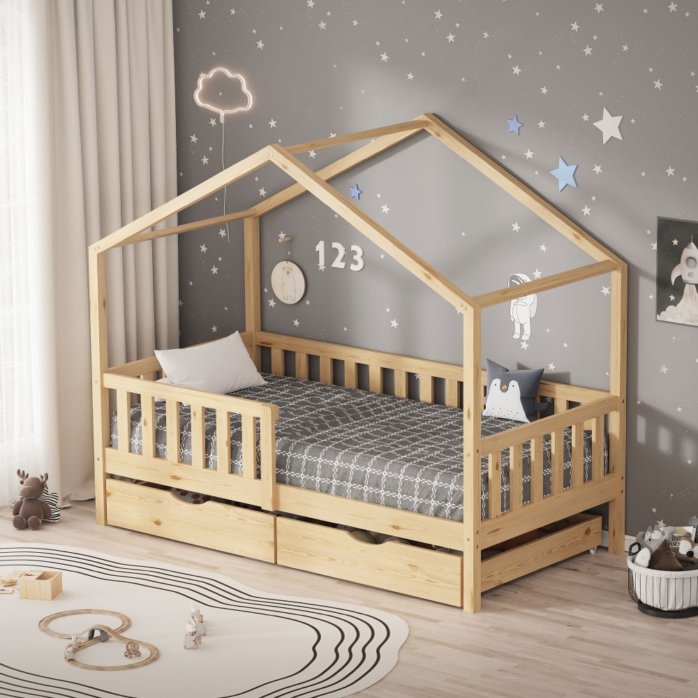 Hausbett 80x160 cm Natur Kiefernholz mit 2 Schubladen,