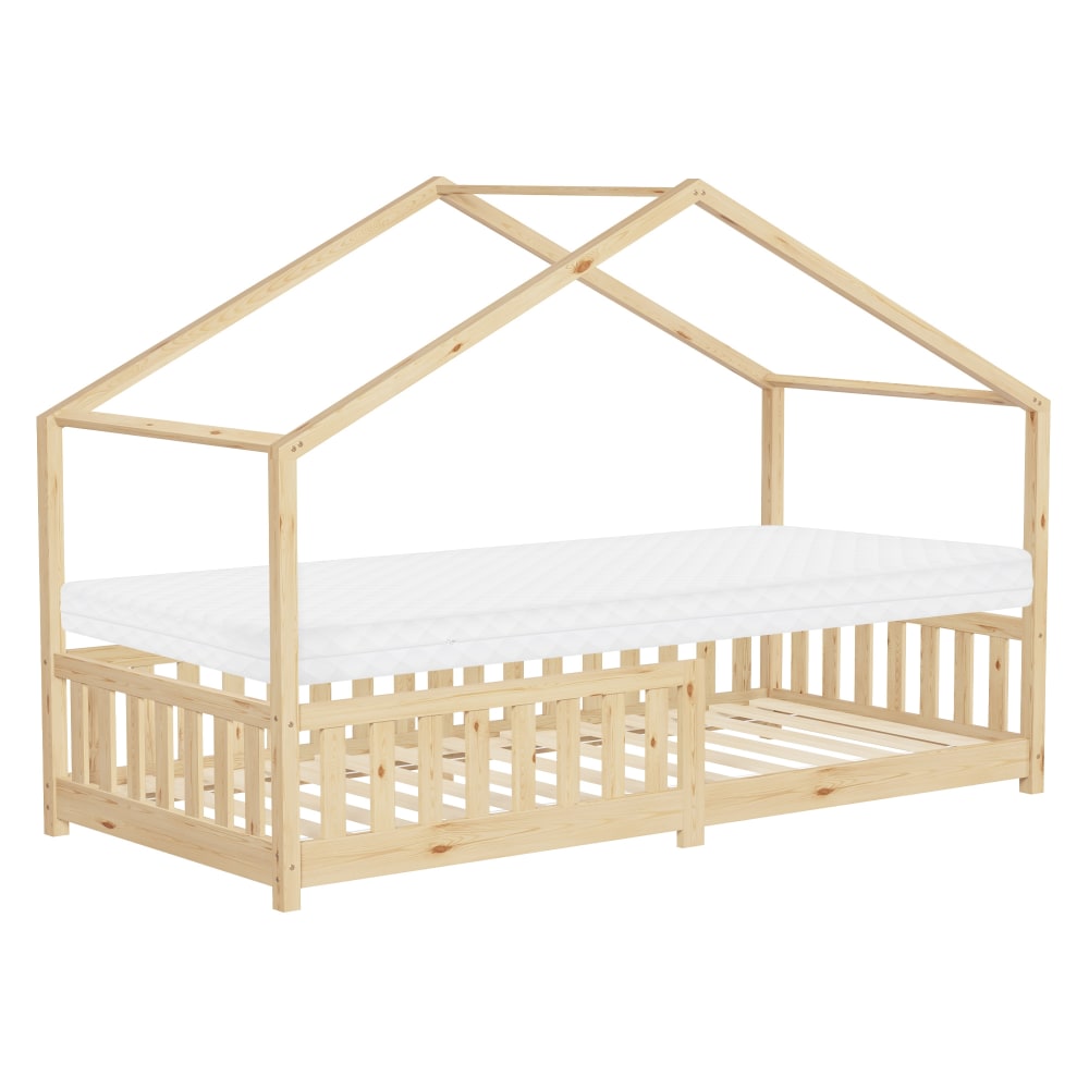 ML-Design Hausbett mit Matratze 90x200 cm Natur aus Kiefernholz Rausfallschutz Beige Öko-Tex Zertifikat Baby