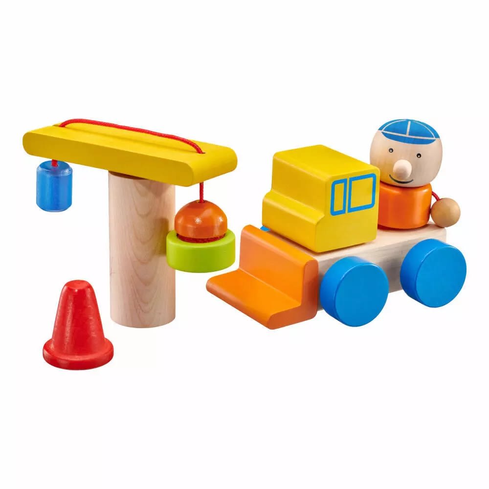 Selecta Baustelle, Klett-Stapelspielzeug 8 Teile GELB HOLZ Kinder