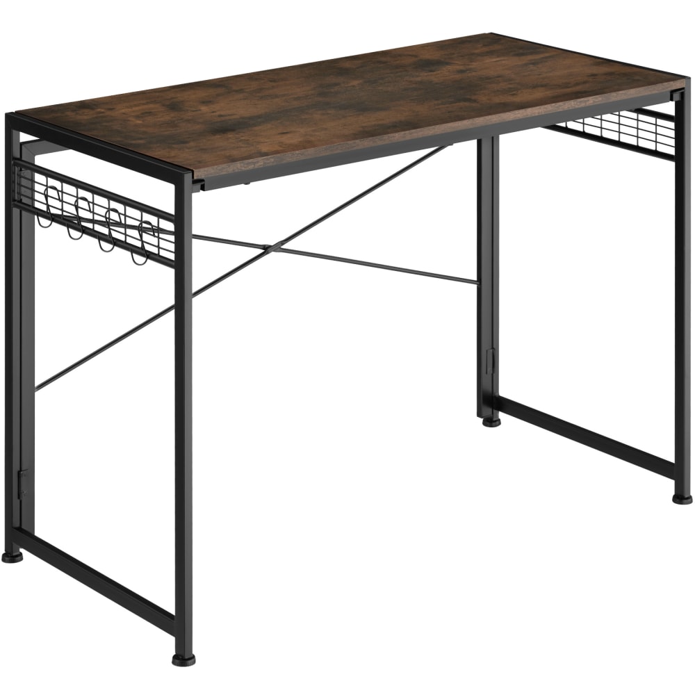 Bureau style industriel pliable avec grilles et 8 crochets bois foncé