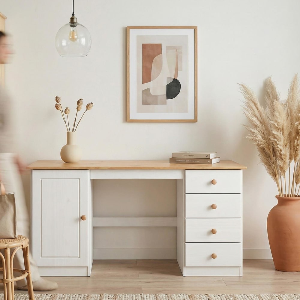 Schreibtisch aus Kiefer Massivholz, weiß/Eiche - Maisons Du Monde