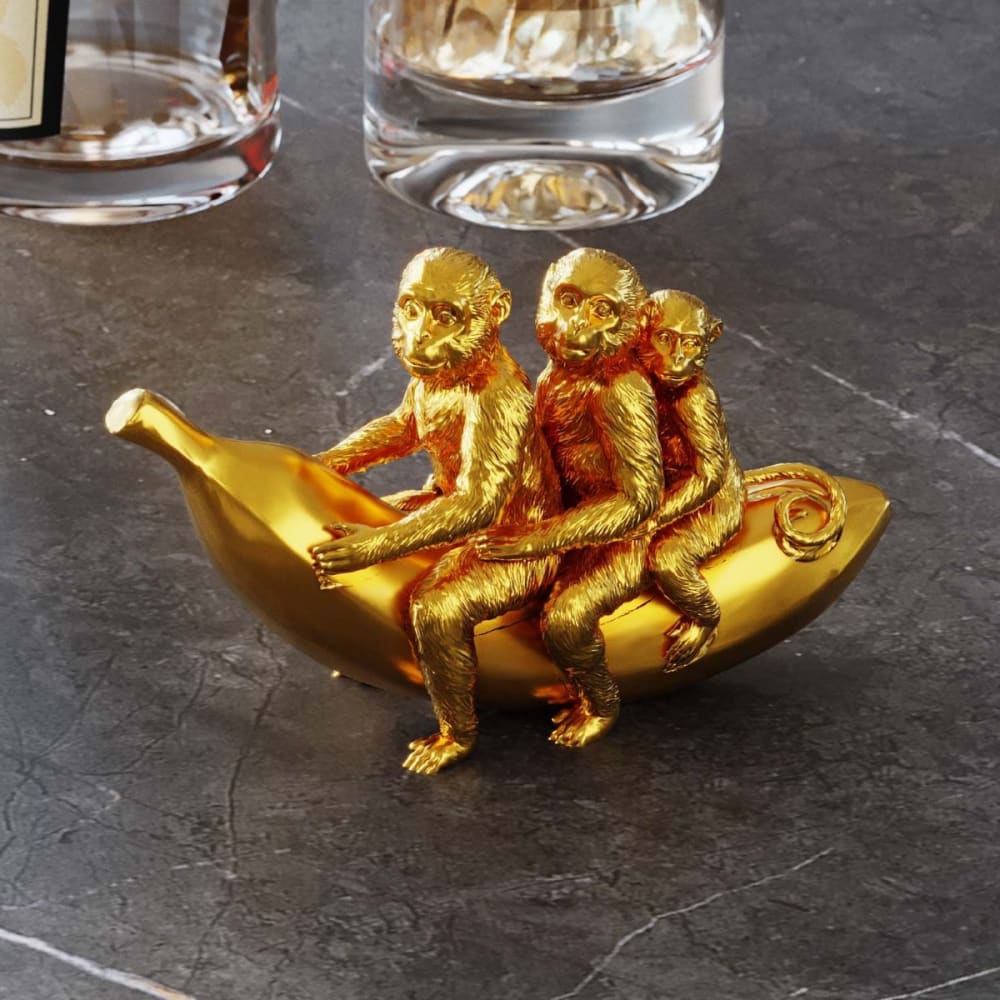 Dekofigur Banane mit Affen aus Polyresin, gold, H12cm - Maisons