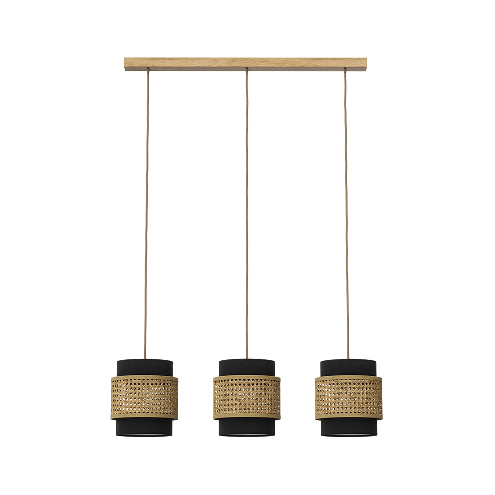 Lampe à 3 suspensions , rotin/noir 70 x 120 cm