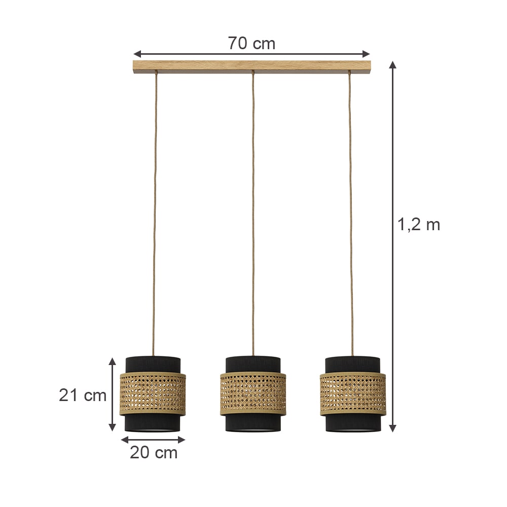 Lampe à 3 suspensions , rotin/noir 70 x 120 cm — vue 3
