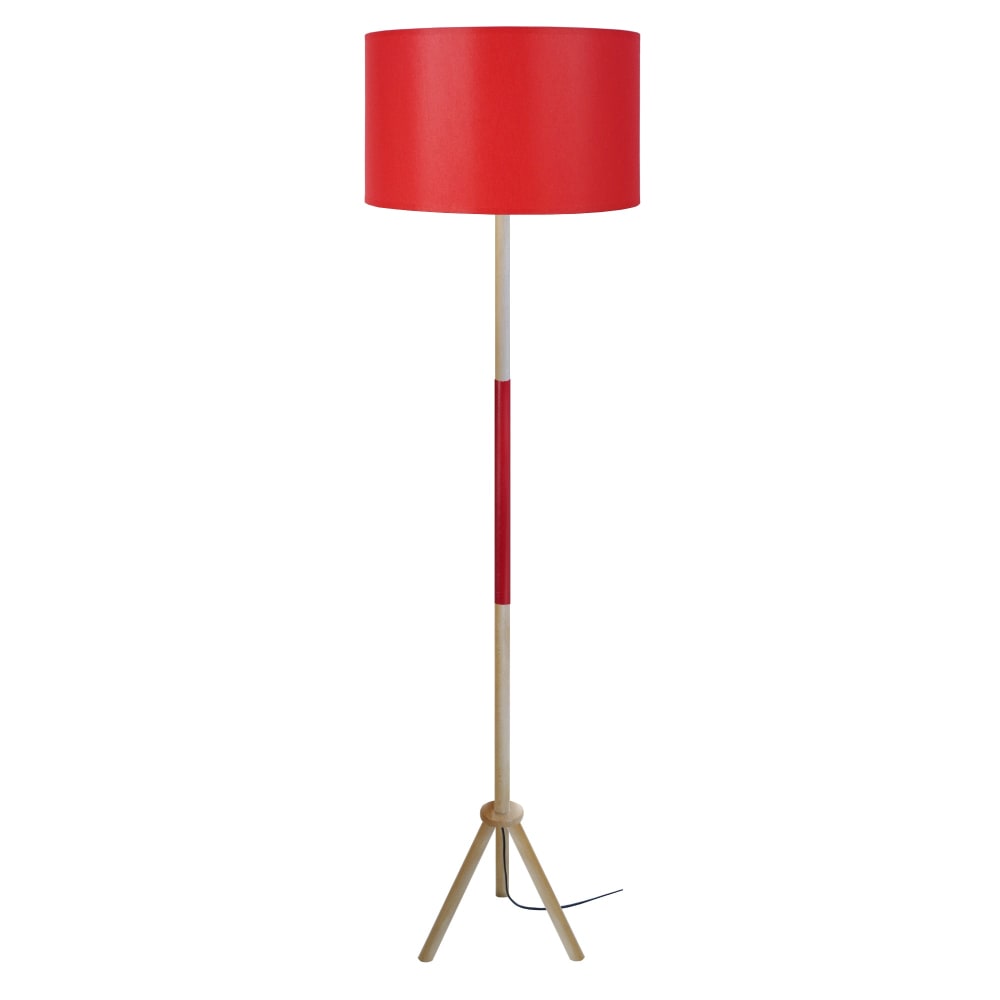 lampara de pie tripode madera natural metal rojo pantalla rojo