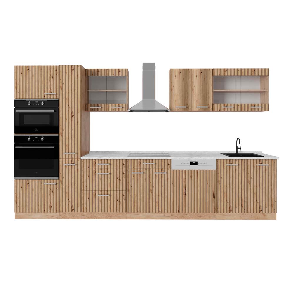 Cuisine avec armoire haute PT Marbre Chêne Artisan 350x81,6cm