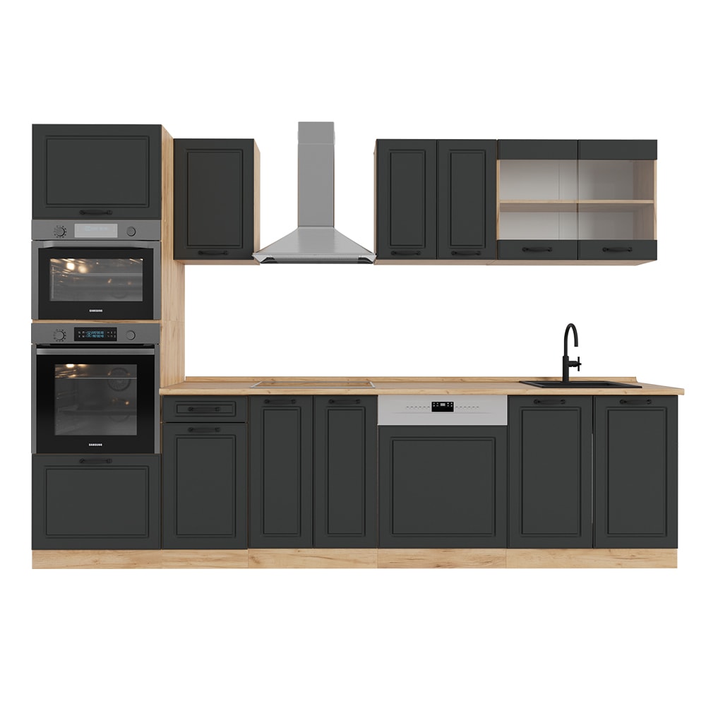 Cuisine avec armoire haute PT Chêne Anthracite Campagne 300x81,6cm
