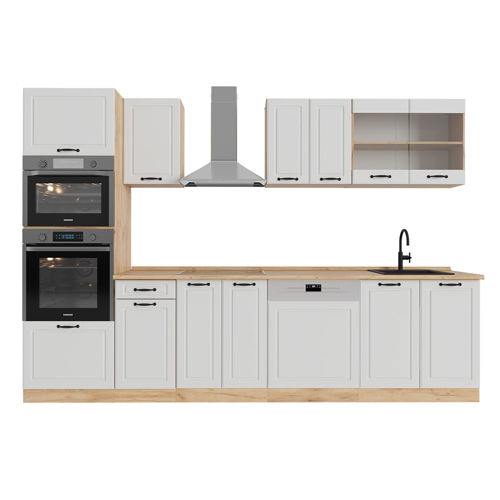 Cuisine avec armoire haute PT Chêne Blanc campagnard 300x81,6cm
