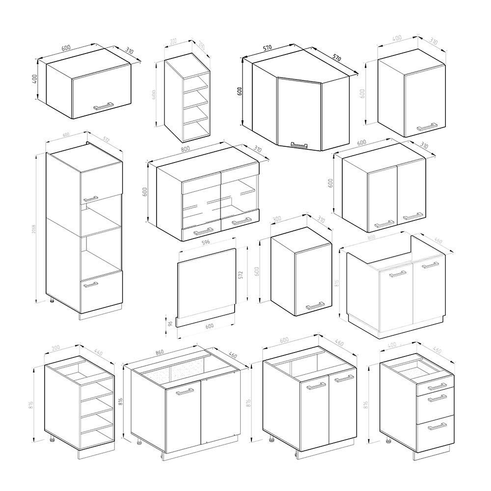 Eckküche ohne Arbeitsplatte Weiß Hochglanz/Anthrazit 247x81.6cm -