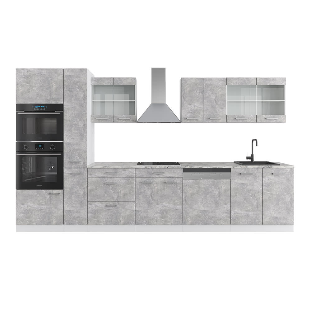 Cuisine  avec armoire haute, PT Marbre, Béton/blanc 350 x 206.8cm
