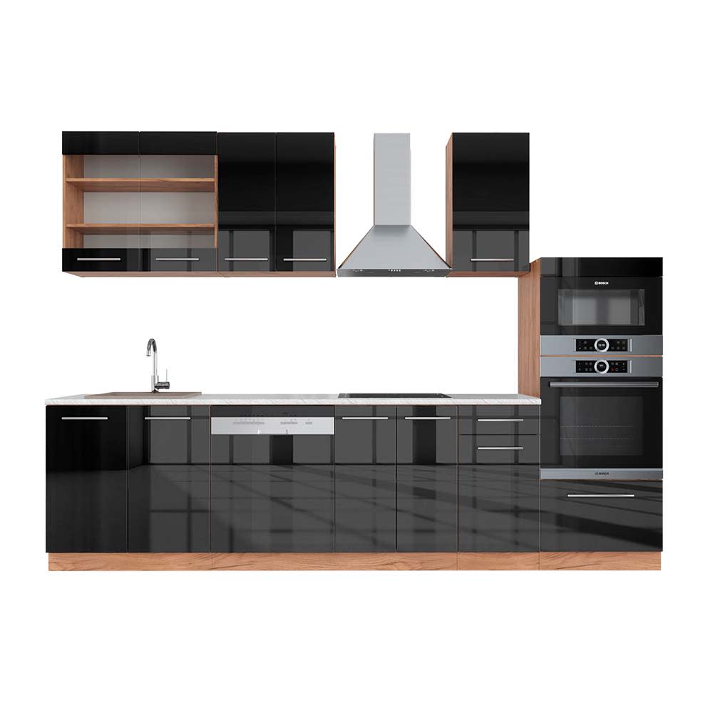 Cuisine avec armoire haute PT Marbre Anthracite brillant 300x81,6cm