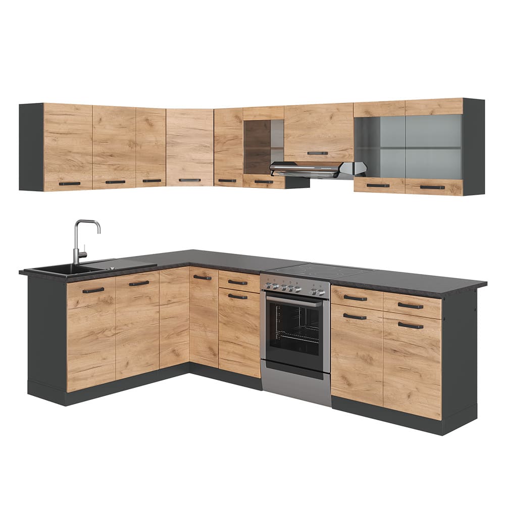 Cuisine dangle, pt à motifs noirs chêne doré/anthracite 267x81.6cm