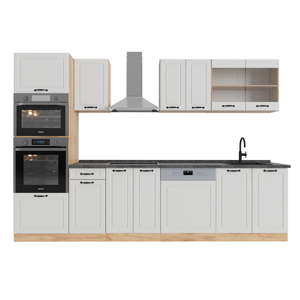 Cuisine avec armoire haute PT Anthracite Blanc campagnard 300x81,6cm