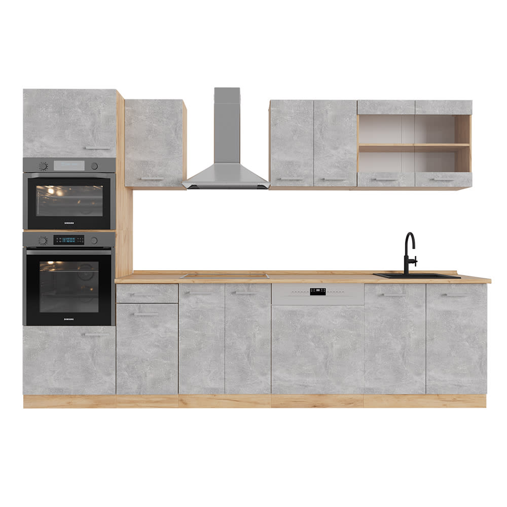 Cuisine avec armoire haute PT Chêne Béton/force dor Chêne 300x81,6cm