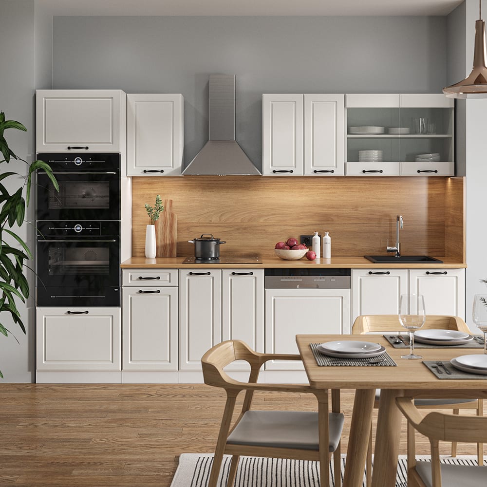 Küchenzeile mit Hochschrank AP Eiche Weiß Landhaus 300x81,6cm -