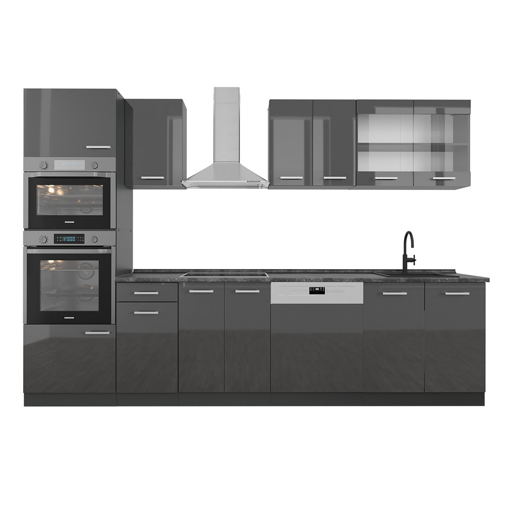 Cuisine avec armoire haute PT Anthracite Anthracite brillant 300x81,6