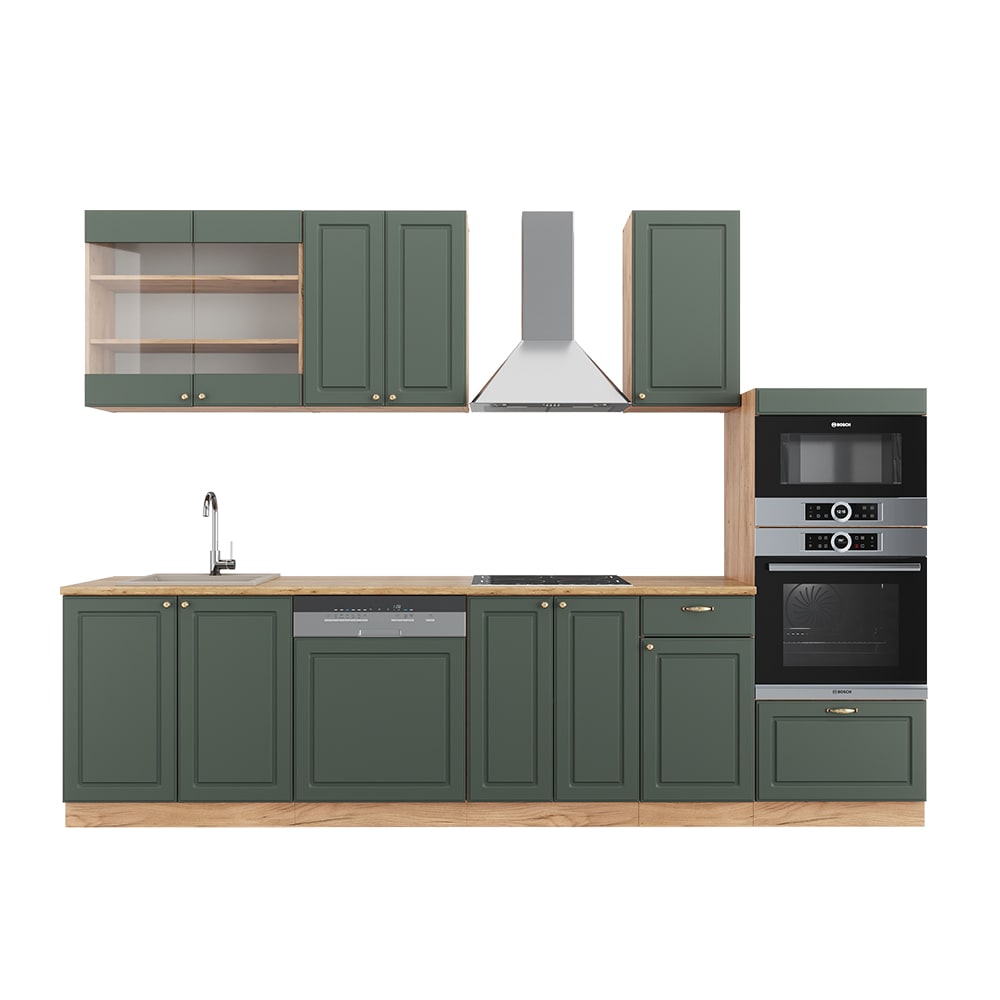 Cuisine avec armoire haute PT Chêne Chêne vert et or 300x81,6cm