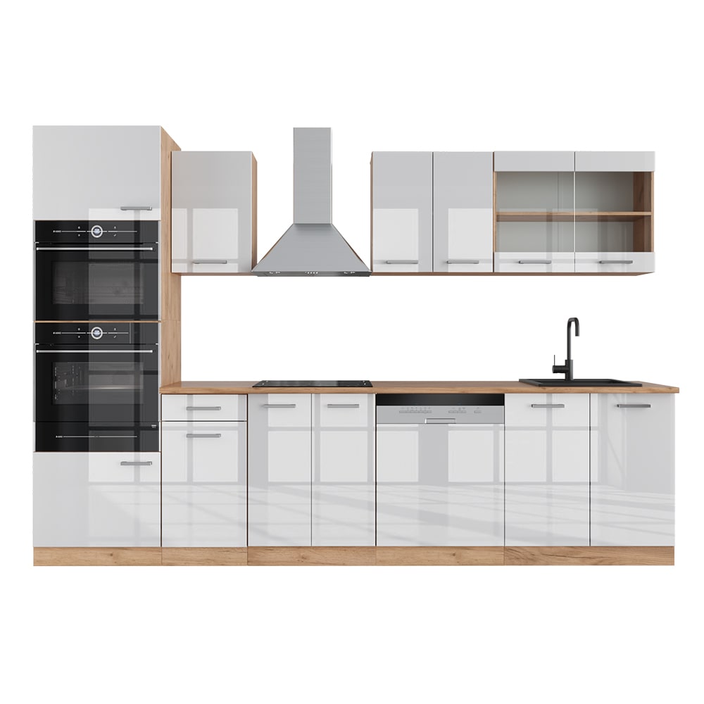 Cuisine avec armoire haute PT Chêne Blanc brillant 300x81,6cm