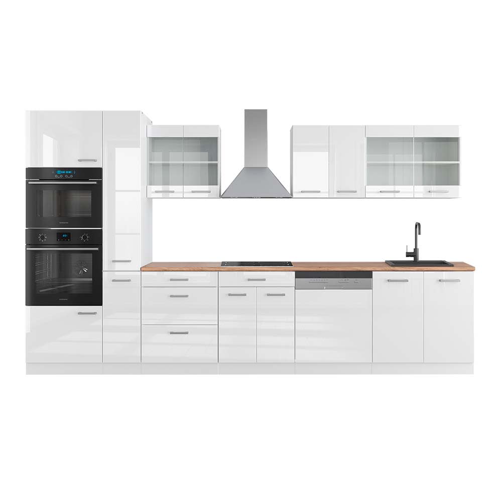 Cuisine avec armoire haute PT Chêne blanc brillant 350x81,6cm