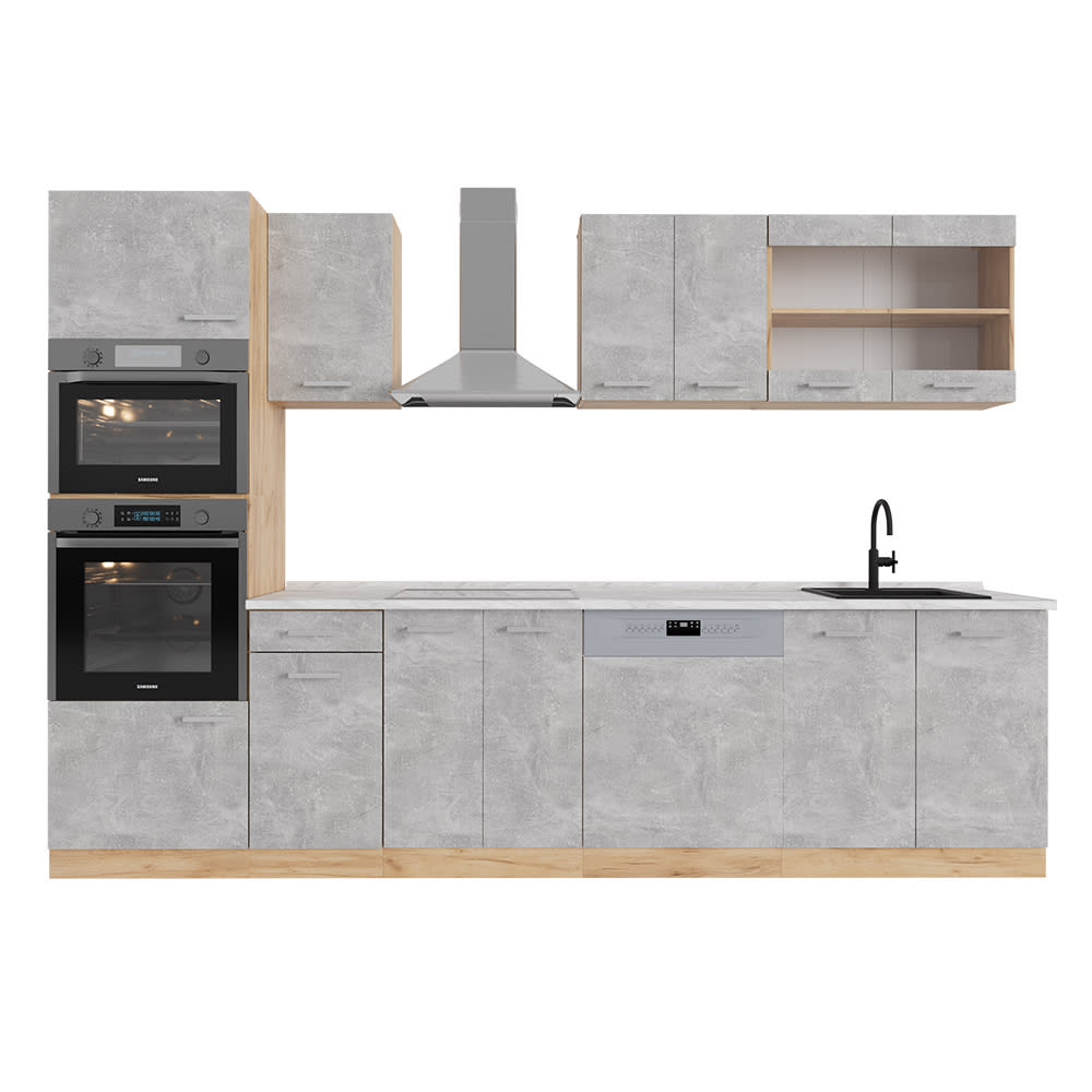 Cuisine avec armoire haute PT Marbre Béton/force dor Chêne 300x81,6cm