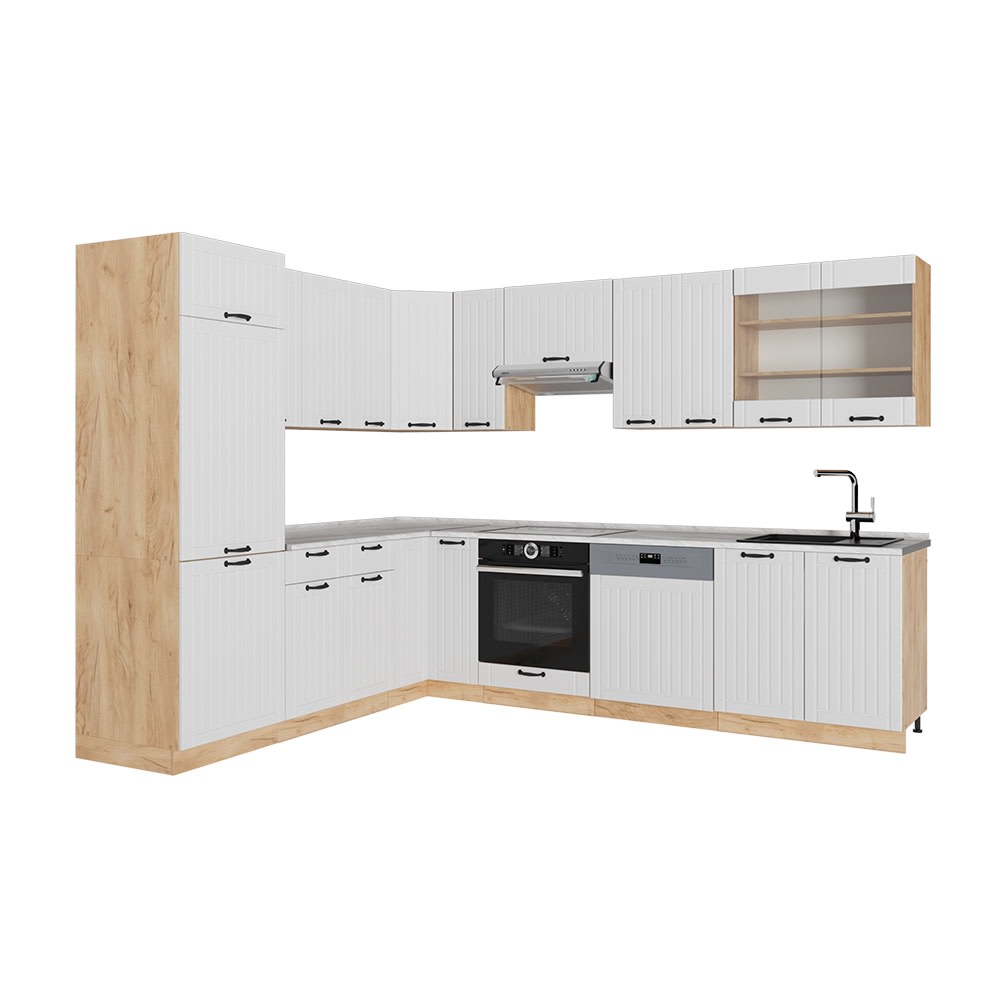 Vicco Eckküche, AP Marmor Weiß Landhaus/Goldkraft Eiche 287x81.6cm style modern Weiß Spanplatte