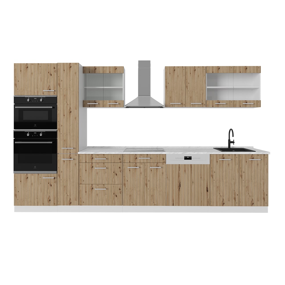 Cuisine avec armoire haute PT Marbre Artisan chêne 350x81,6cm