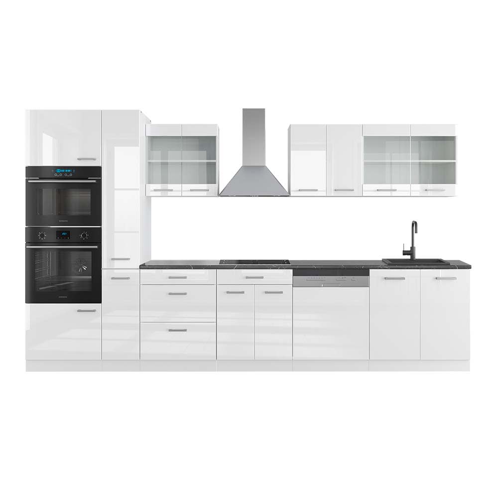 Cuisine avec armoire haute PT Anthracite blanc brillant 350x81,6cm