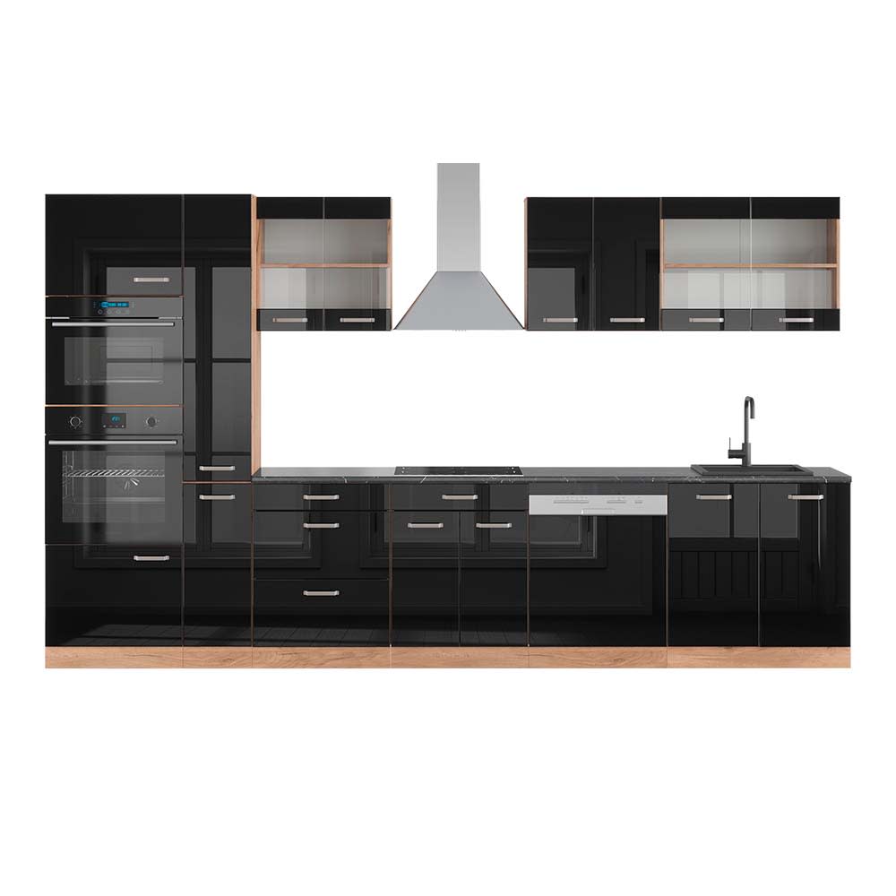 Cuisine avec armoire haute AP anthracite Noir brillant 350x81,6cm