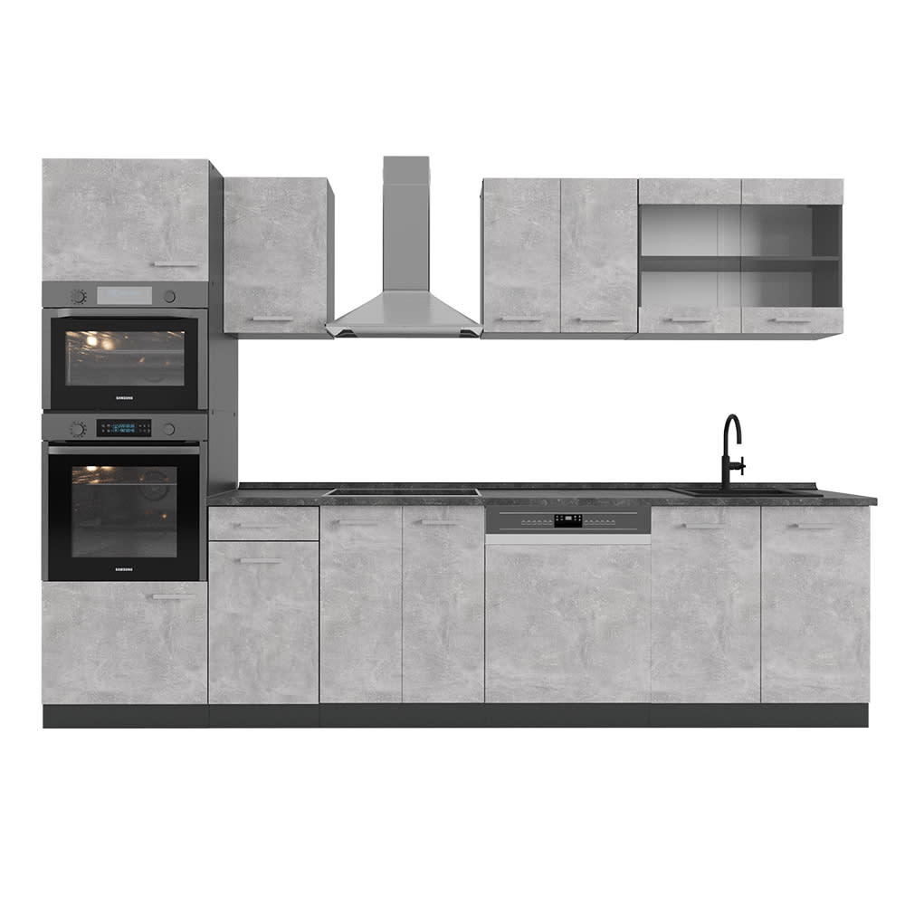 Cuisine avec armoire haute PT Anthracite Béton 300x81,6cm