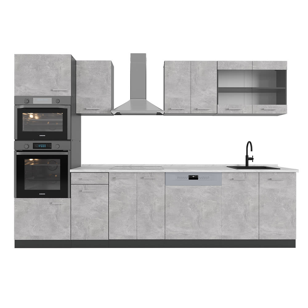 Cuisine avec armoire haute PT Marbre Béton 300x81,6cm