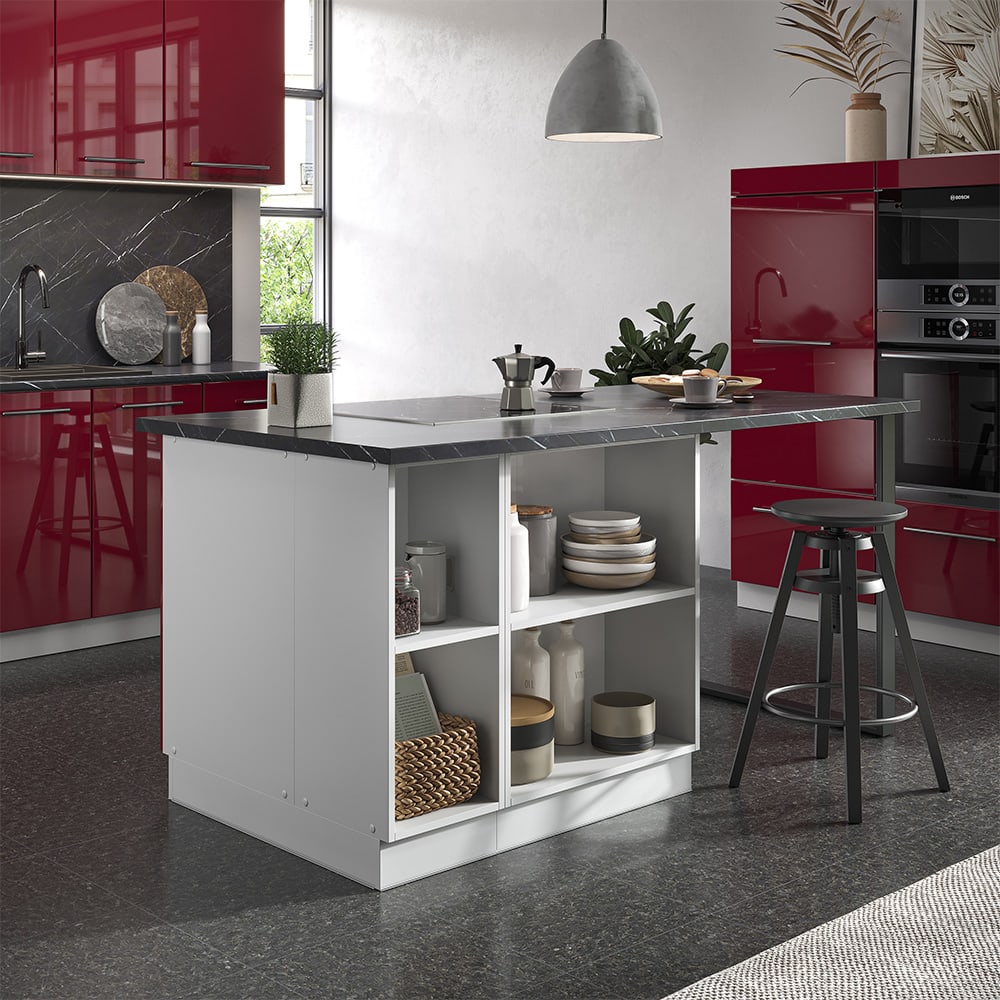 Îlot de cuisine avec tiroir sans PT Bordeaux haute brillance 90x82cm