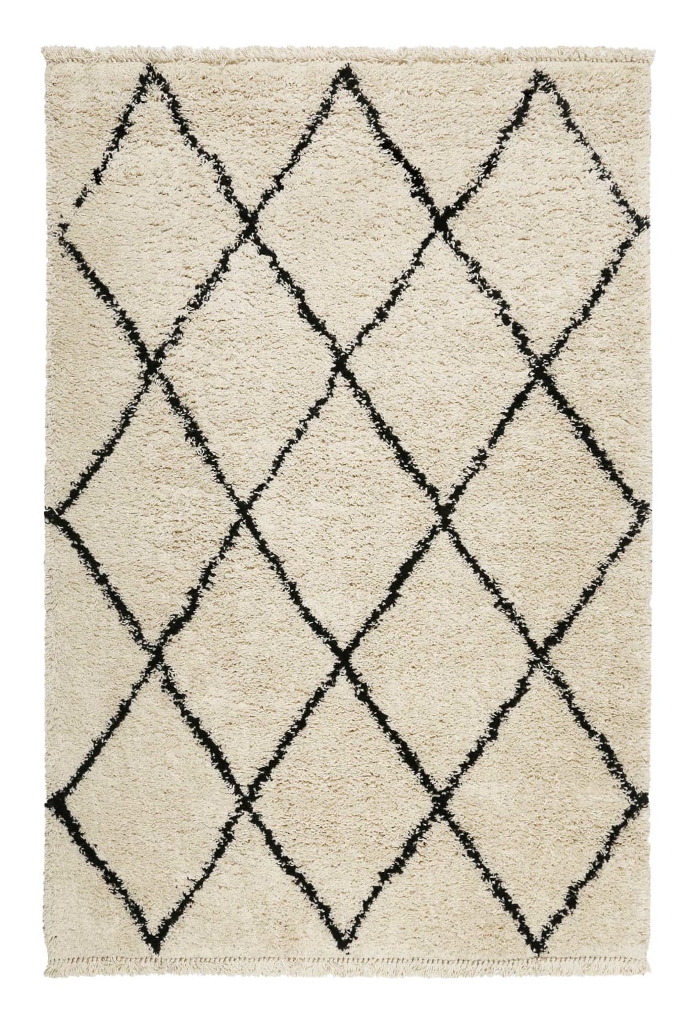 Tapis tissé style berbère beige et noir poils longs 200x133