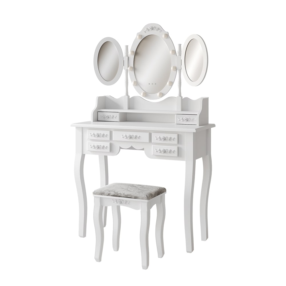 Coiffeuse avec miroir, éclairage led et tabouret blanc 90x147cm