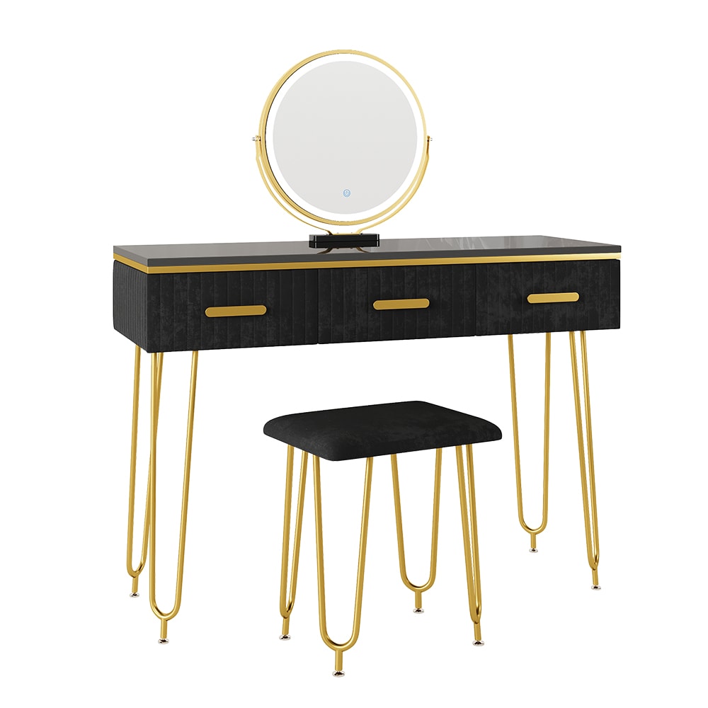 Coiffeuse avec miroir LED et tabouret, Noir 100 x 81cm
