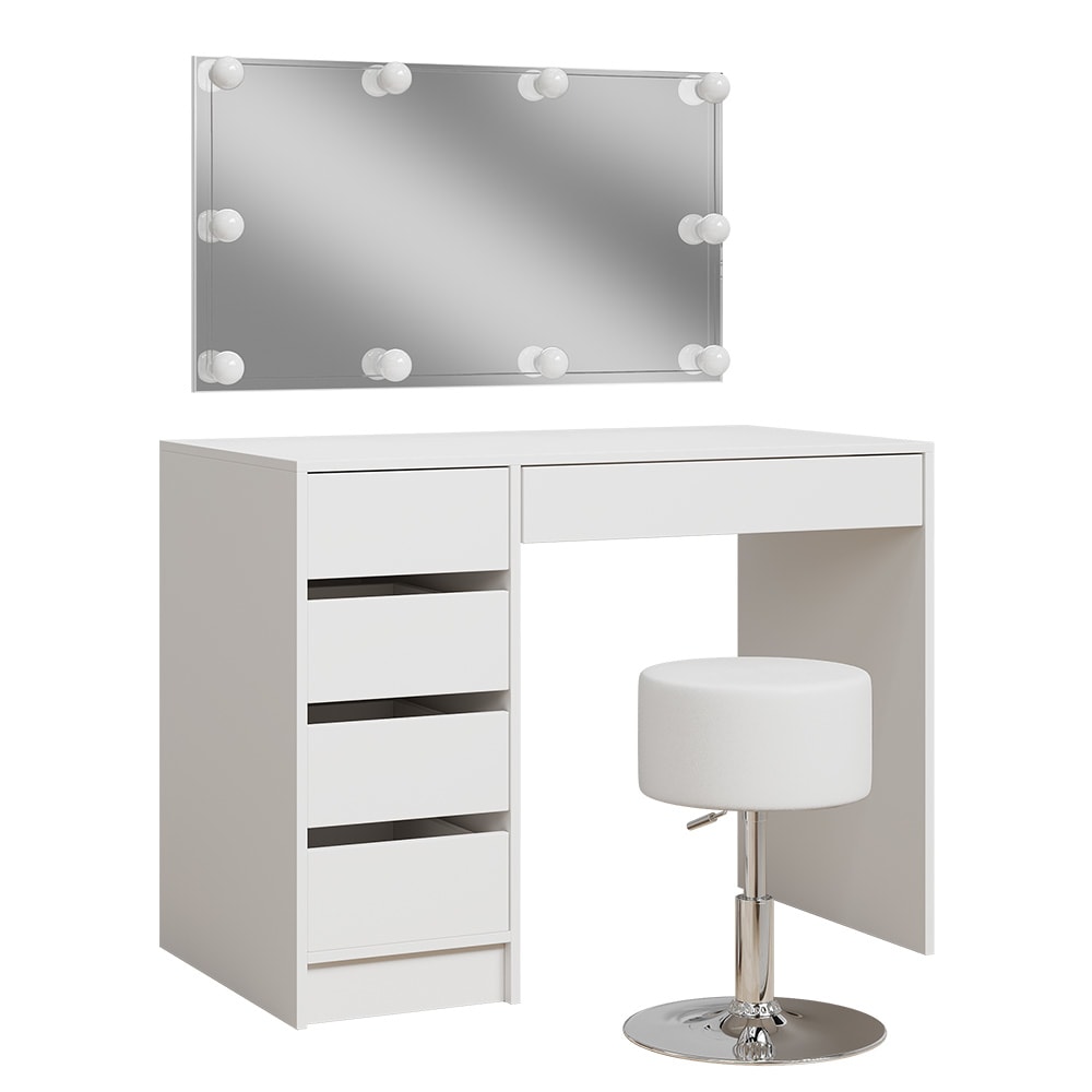 Vicco Schminktisch mit LED Beleuchtung und Hocker, Weiß 100 x 75.5cm style modern Weiß Spanplatte