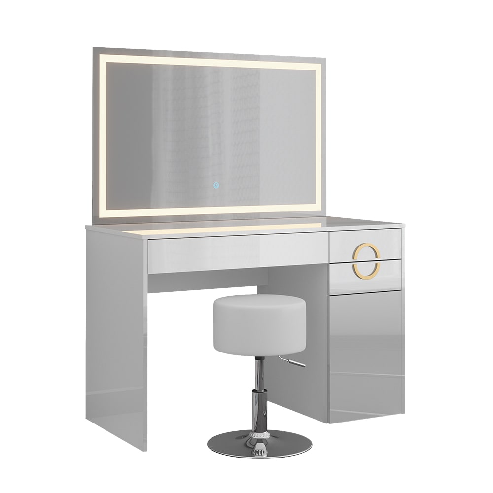 Vicco Schminktisch mit LED Spiegel und Hocker, Weiß 115 x 76.4cm style modern Weiß Spanplatte