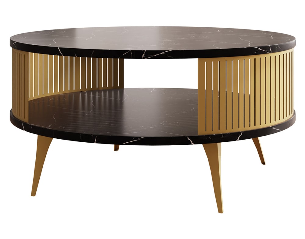 Table basse ronde effet marbre noir et doré D75