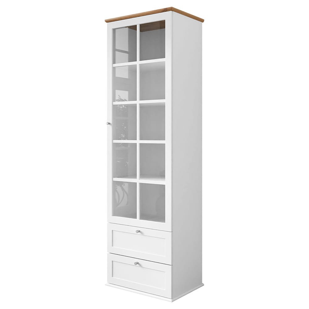 Vitrine 1 portes 2 tiroirs 4 étagères effet bois et blanc