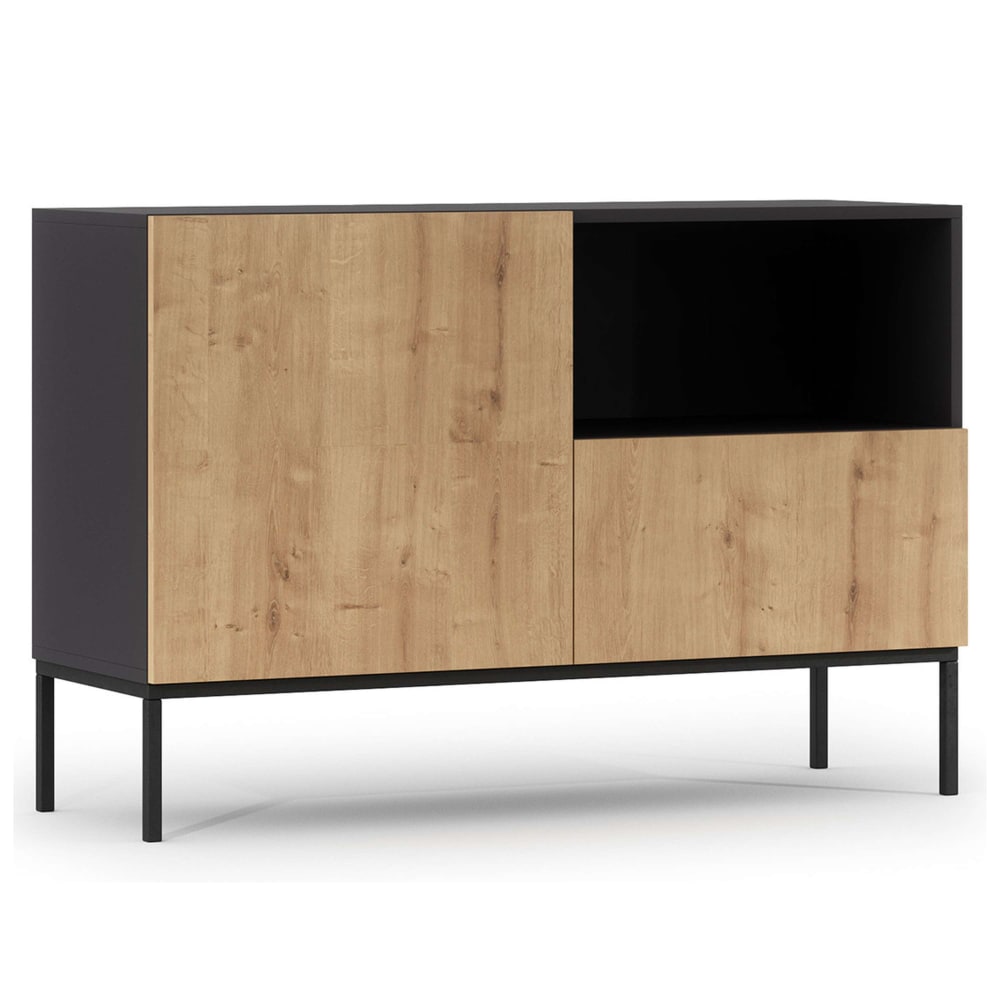 Buffet bas ouverture par pression L120cm effet bois et noir