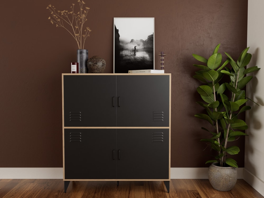 Buffet haut industriel 4 portes L100cm effet bois et noir