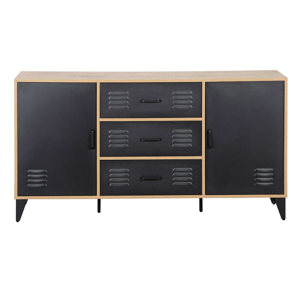 Buffet bas 2 portes 3 tiroirs L140cm effet bois et noir