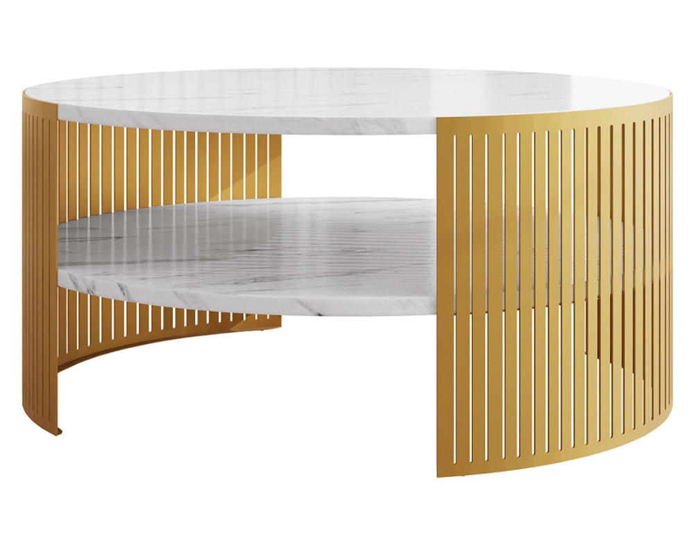 Table basse ronde effet marbre blanc et doré D75