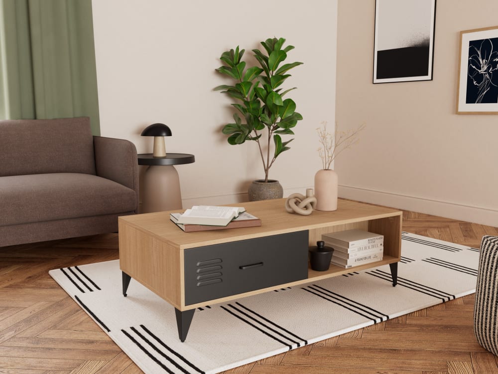 Table basse industrielle 2 tiroirs L110cm effet bois et noir