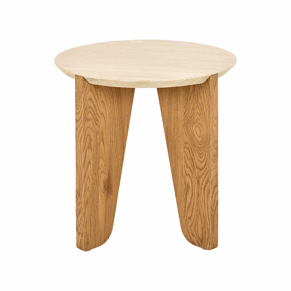 Bout de canapé pieds en chêne plateau effet travertin H50cm