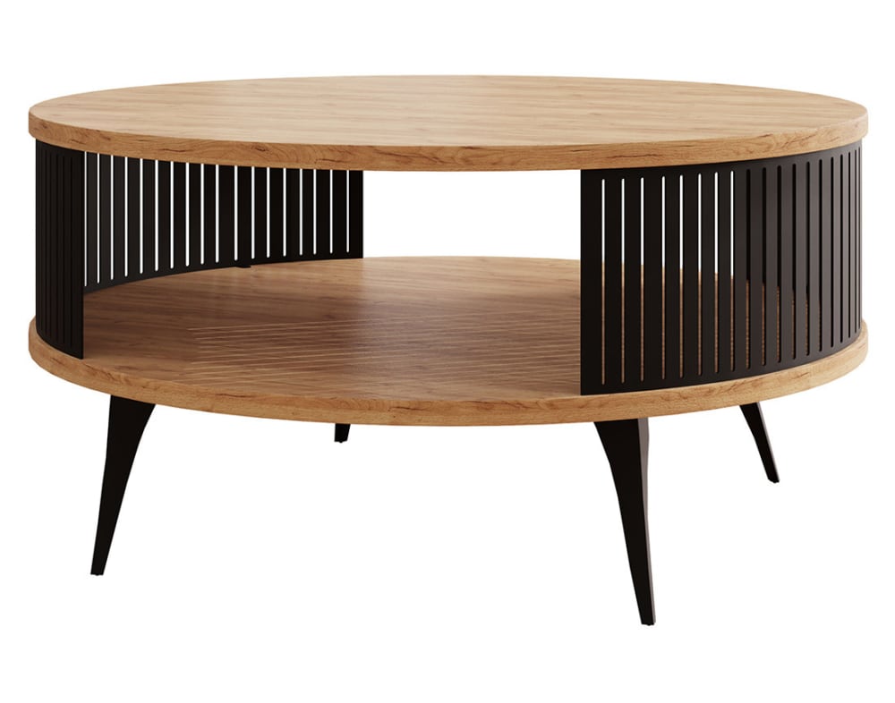 Table basse ronde aspect chêne 1 niche noir d75