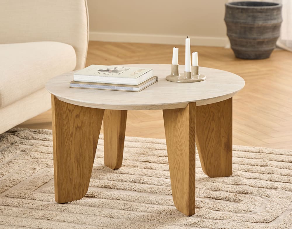 Table basse pieds en chêne plateau effet travertin H45cm