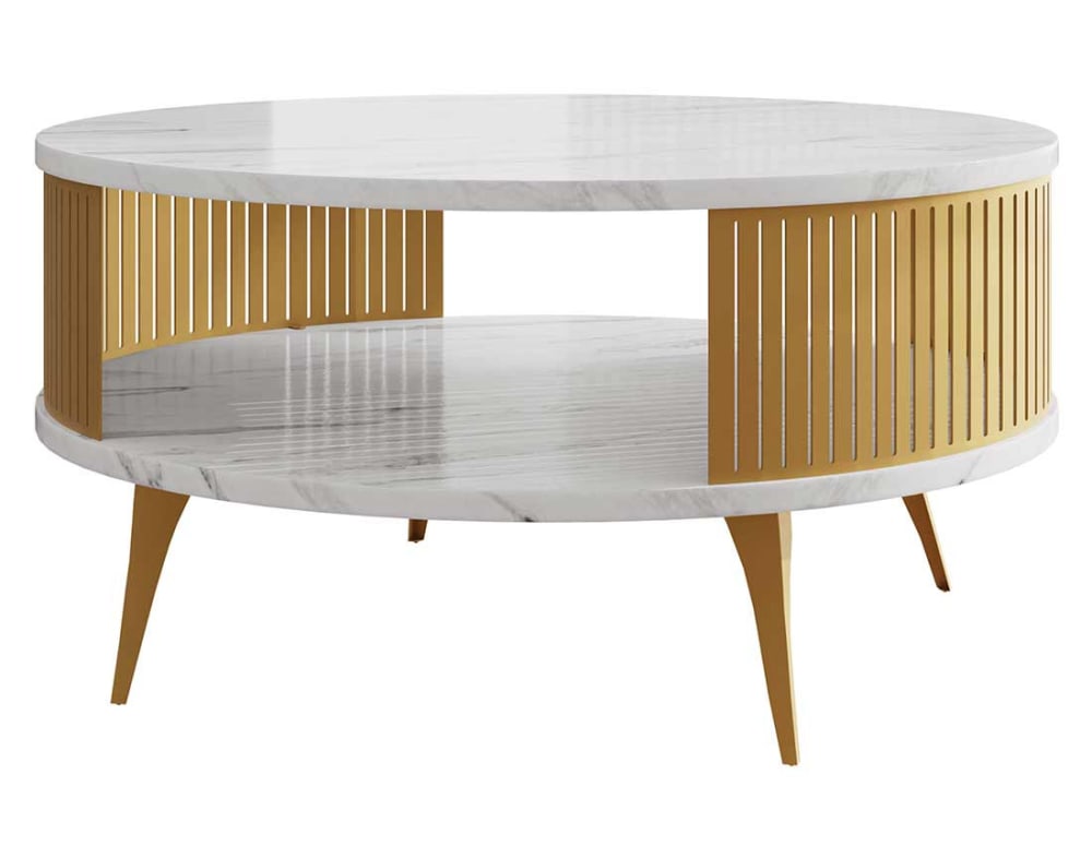 Table basse ronde effet marbre blanc et doré D75