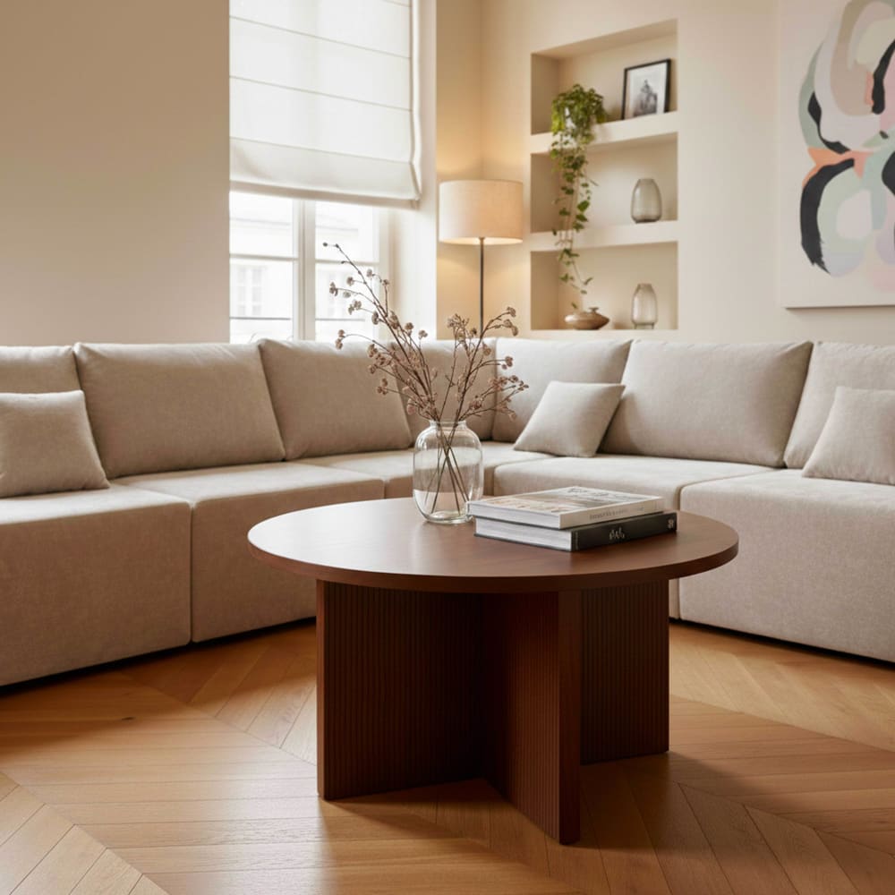Skandinavischer runder Couchtisch 80 cm in dunkler Holzoptik -